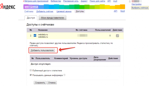 Редактирование доступов к счетчику Яндекс метрики