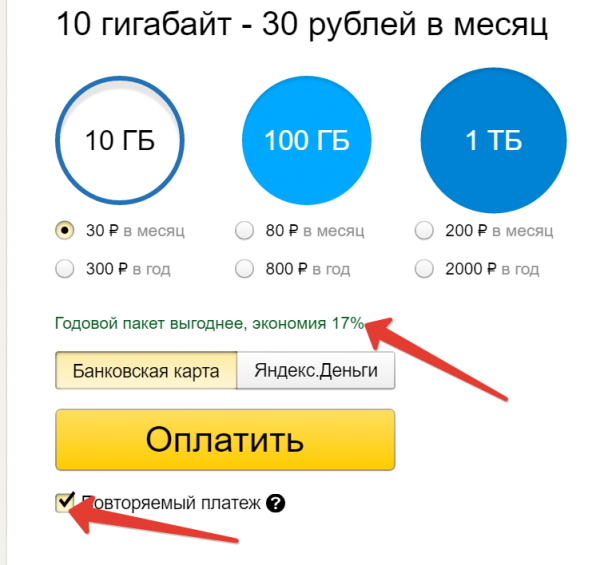 Скриншот оплаты за Яндекс Диск